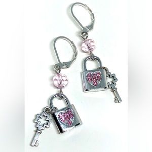 Valentine’s Day Love Pink Crystal Heart Lock Lucky Clover Key Leverback Earrings